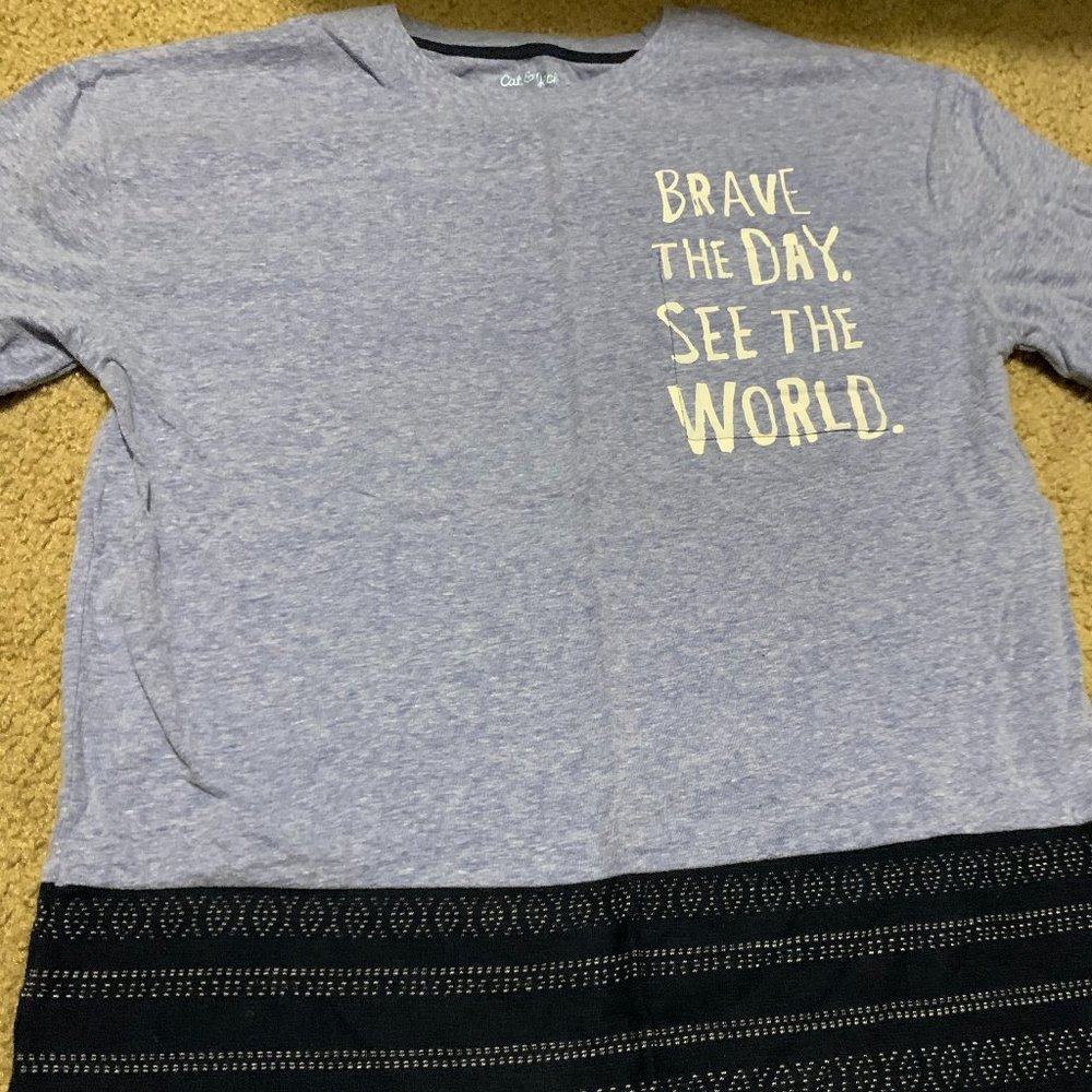 Light Blue and Black Brave The Day. Save the World. Kids T-Shirt Size 16